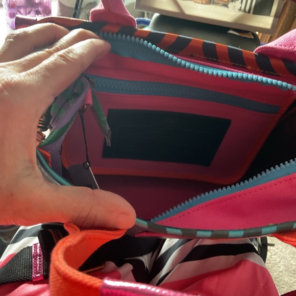 NWT Kurt Geiger Southbank Teal & Pink Patterned Canvas Tote with Orange Handles - Picture 7 of 11